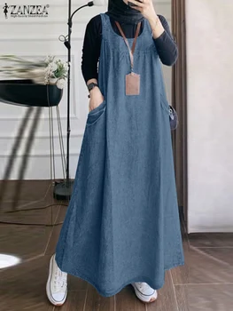 2024 ZANZEA Fashion Summer Sundress Sarafans Casual Women Sleeveless Muslim Abaya Vestido Denim Blue Loose Solid Overalls Dress