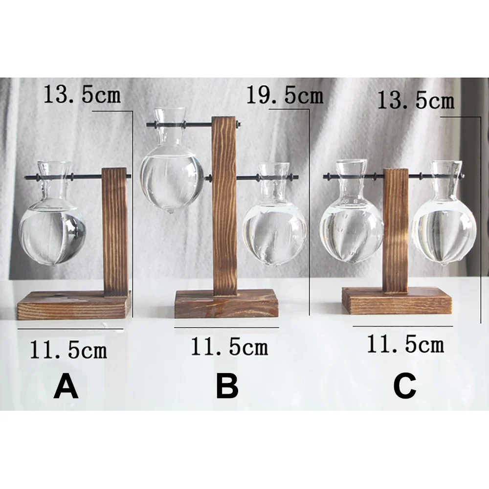 Bulb Vase Transparent with Wooden Stand Desktop Glass Planter for Hydroponics Plants Coffee Shop Room Decor