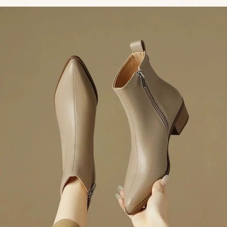 Winter Pointed Toe Short Boots Women's French Vintage New Naked Boots Low Thick Heel Single Boot High Heel Shoes for Women