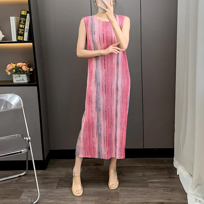 LANMREM Blue Pleated Striped Print Tank Dress Summer 2025 New Elastic Slimming Temperament Straight Dresses Chic Clothes 2DB3972 - Image 2