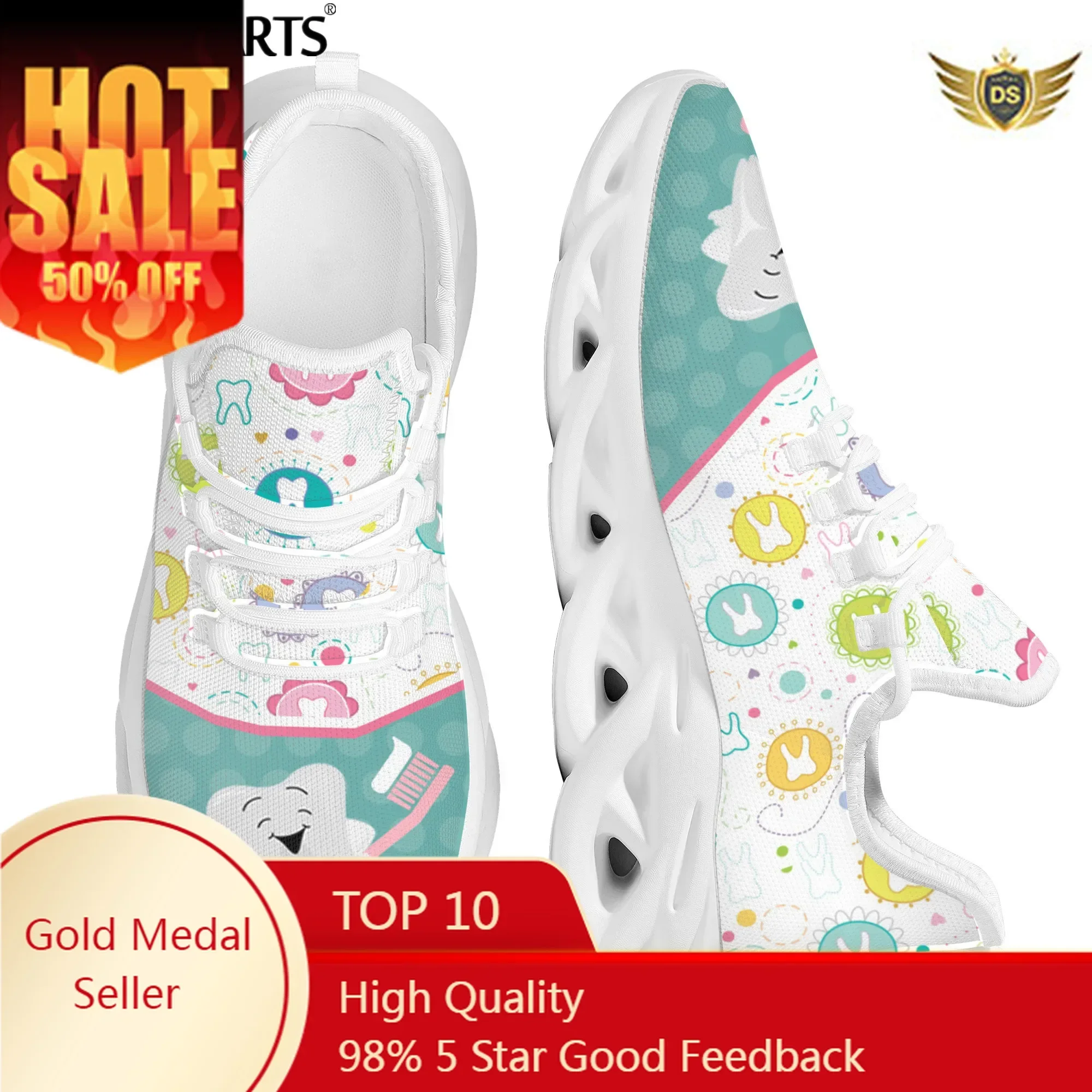 Women Flats Cartoon Dentisit Tooth Pattern Casual Shoes Breathable Mesh Female Sneakers Work Comfort Zapatos Mujer