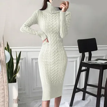 Women's Sweater Dress Long Sleeve Turtleneck Knitted Dresses Solid Color Thick Warm Knit 1