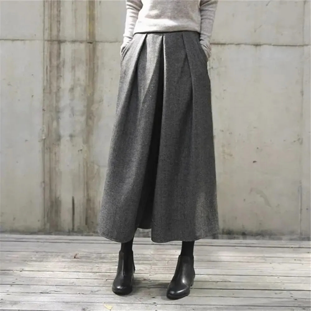 Gonne larghe in lana a gamba larga pantaloni da donna pantaloni Casual pieghettati pantaloni dritti autunnali invernali pantaloni elastici a vita alta con gamba grassa 3