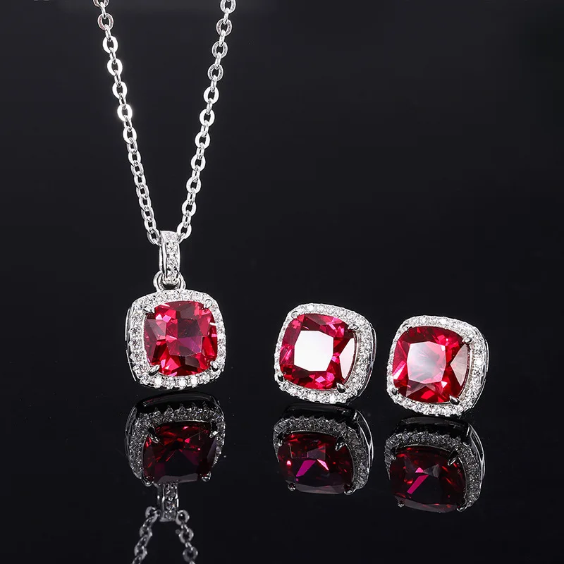 

Elegant Lab Created Halo Ruby S925 Sterling Silver Luxury Wedding Jewelry Set Pendant Necklace Earrings For Women Free Shipping