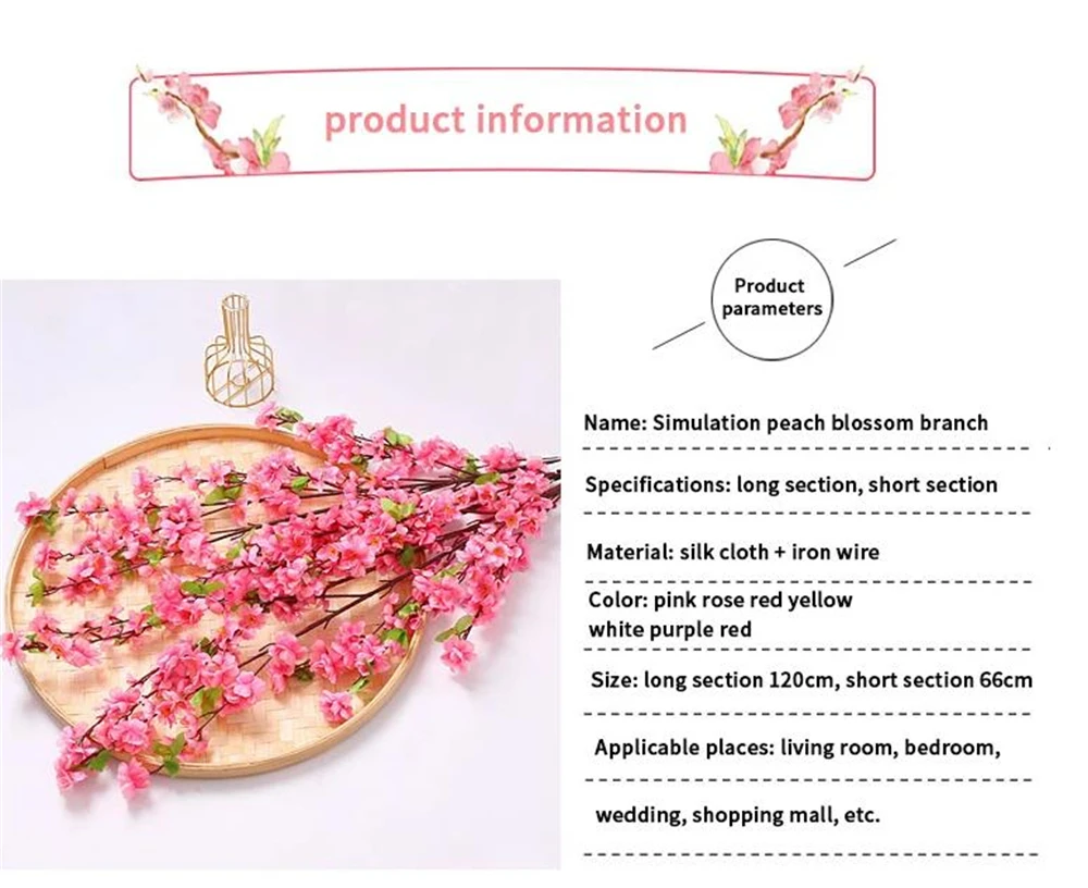 Description Picture 2 of item1PC Artificial Peach Blossom Branch Spring Plum Cherry Blossom Silk Flower Tree Decoration Home Wedding DIY Decoration
