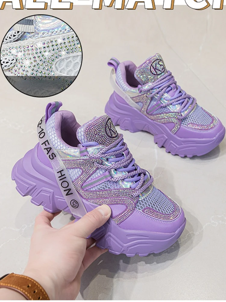 6cm Air Mesh Leather Bling Platform Sneakers