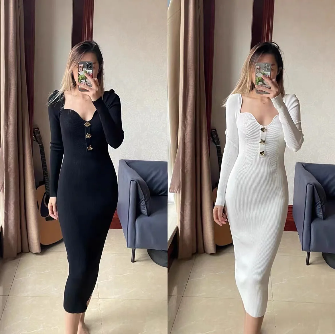 

Women Square Collar Buttons Slim Fit Long Sleeve Autumn Winter Knitted Midi Dress