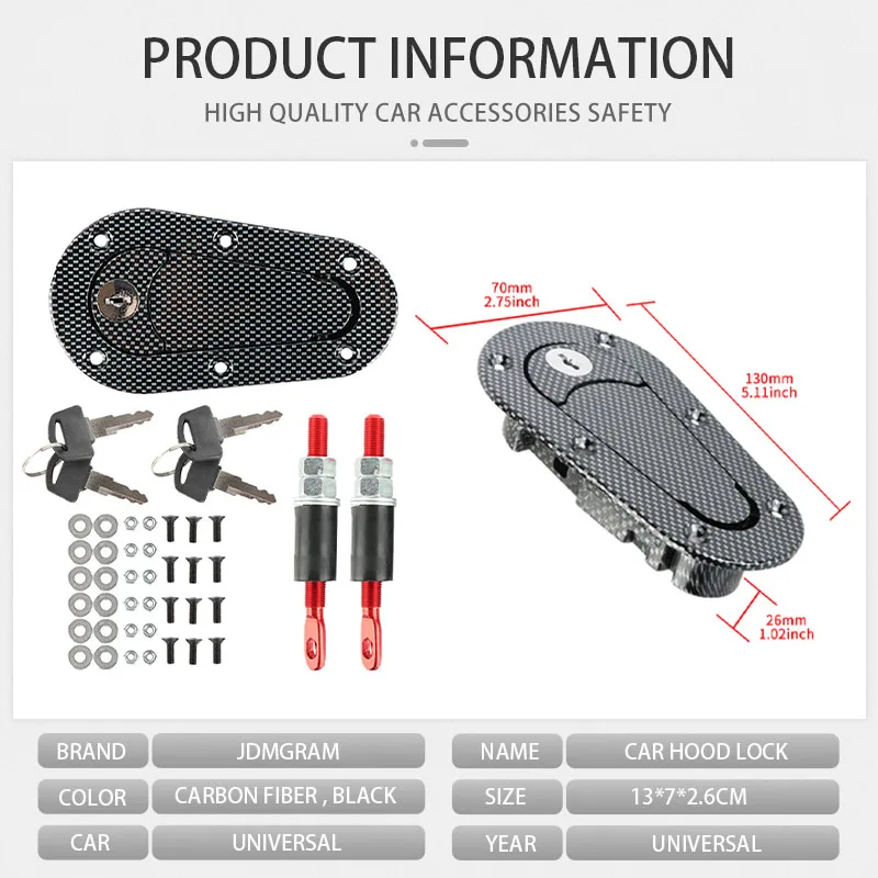 Carbon Fiber Car Hood Lock With Key Universal Auto Pin Engine Bonnet Latch Safety Protection Kit Refitting Exterior Accessories