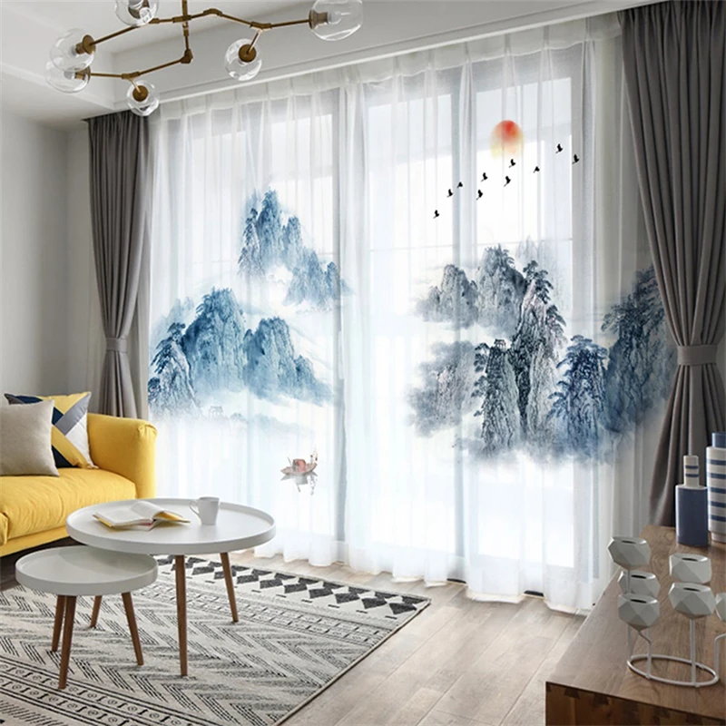 

Custom Chiffon Sheer Curtain Window Drape for Bedroom Living Room Mountain Hills River Boat Sunrise Birds Trees Landscape