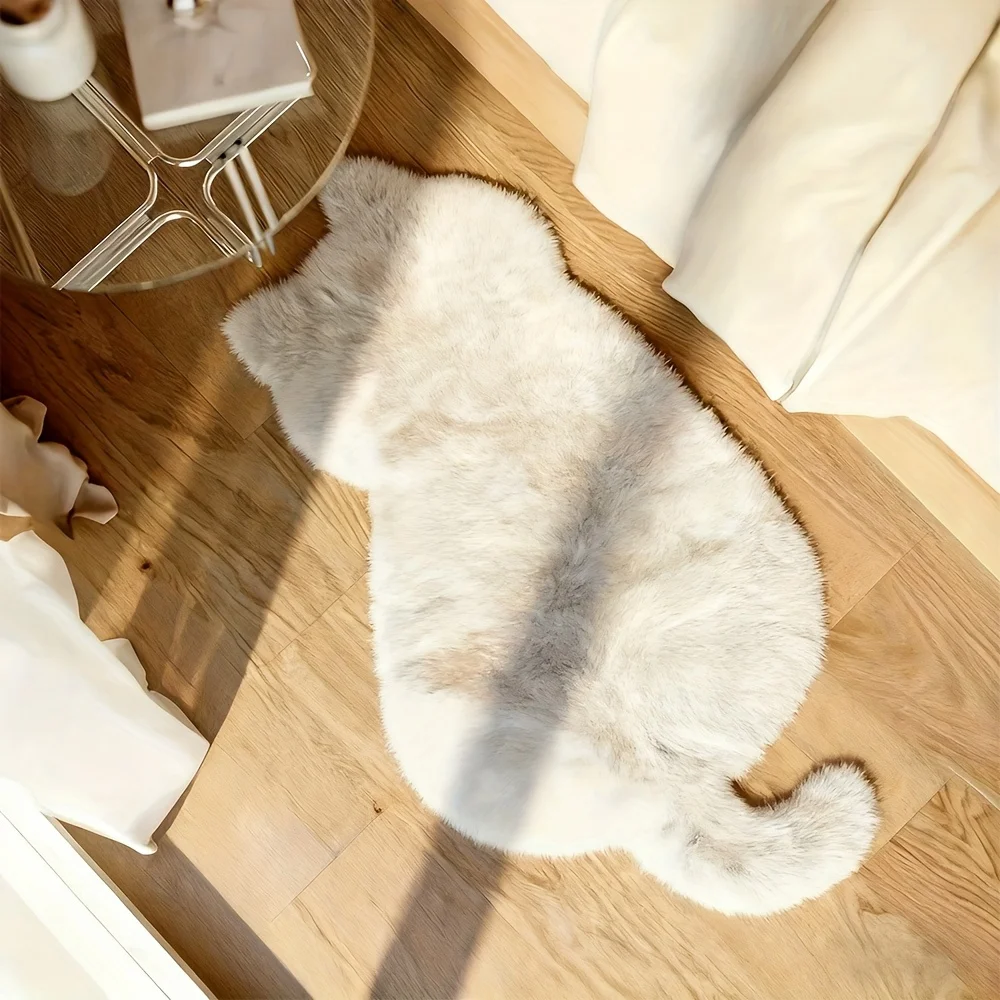고양이 모양 인조 토끼털 카펫, 침실, 거실, 침대 옆에 적합한 부드러운 플러시 러그 - 미끄럼 방지, 편안하고 귀여운