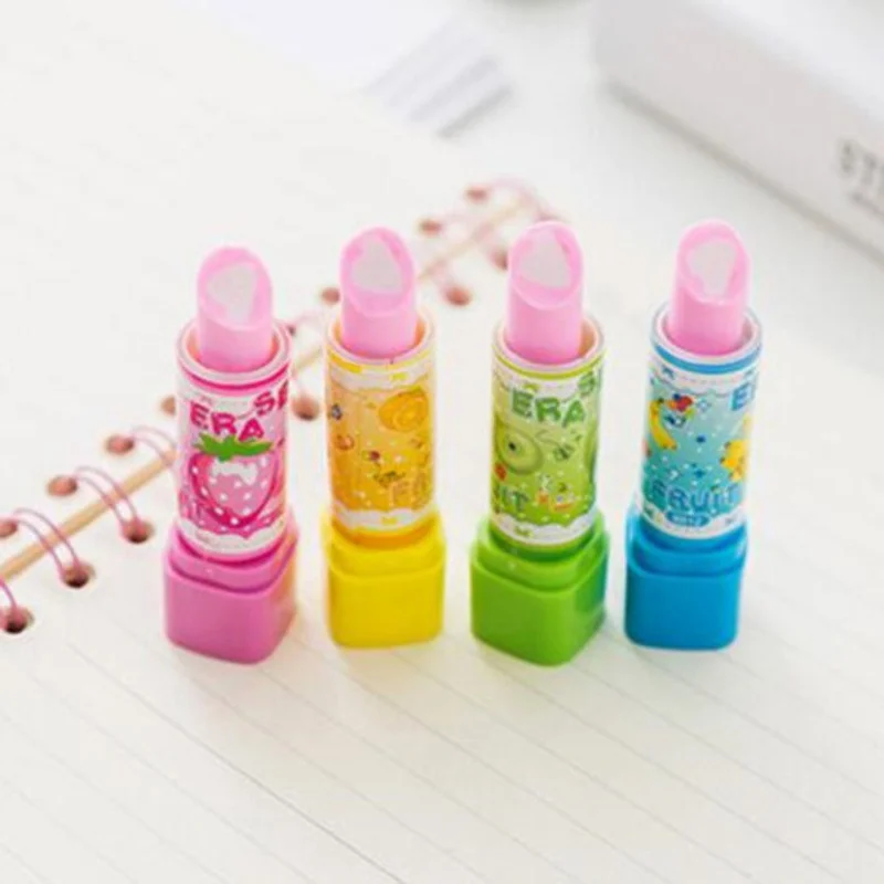 4 Pcs Cute Cartoon Lipstick Rubber Creative Novelty Pencil Eraser Stationery
