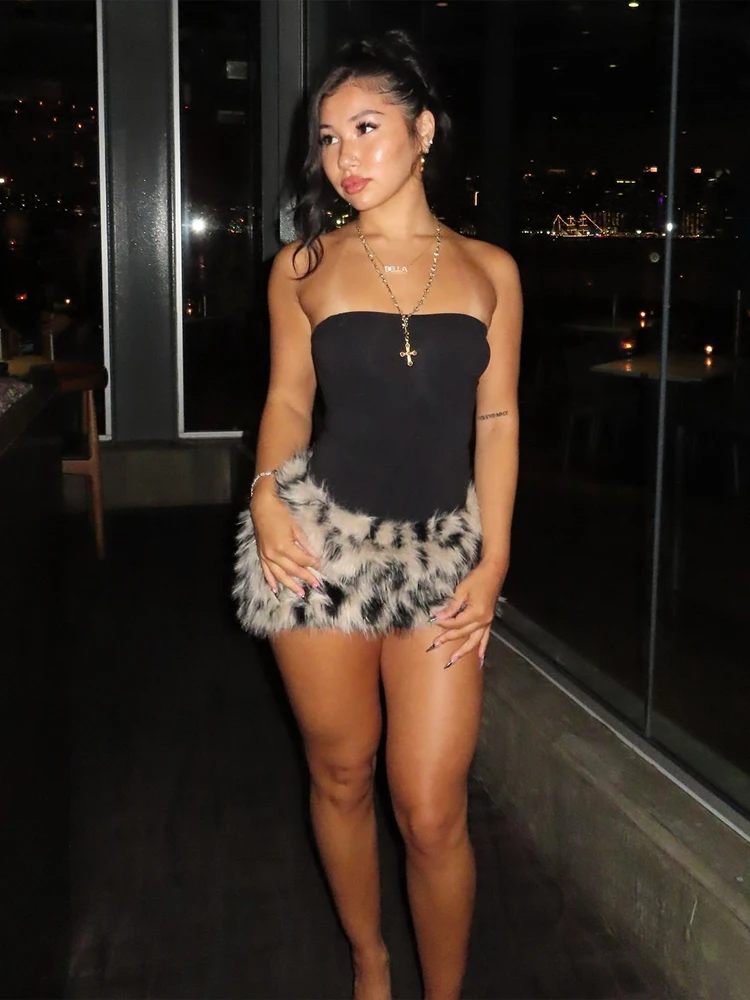 Nibber Patchwork Leopard Print Plush Hem Dress Sleeveless Sexy Midnight Hottie Clubwear Wild Fashion Skinny Coquett Mini Bodycon