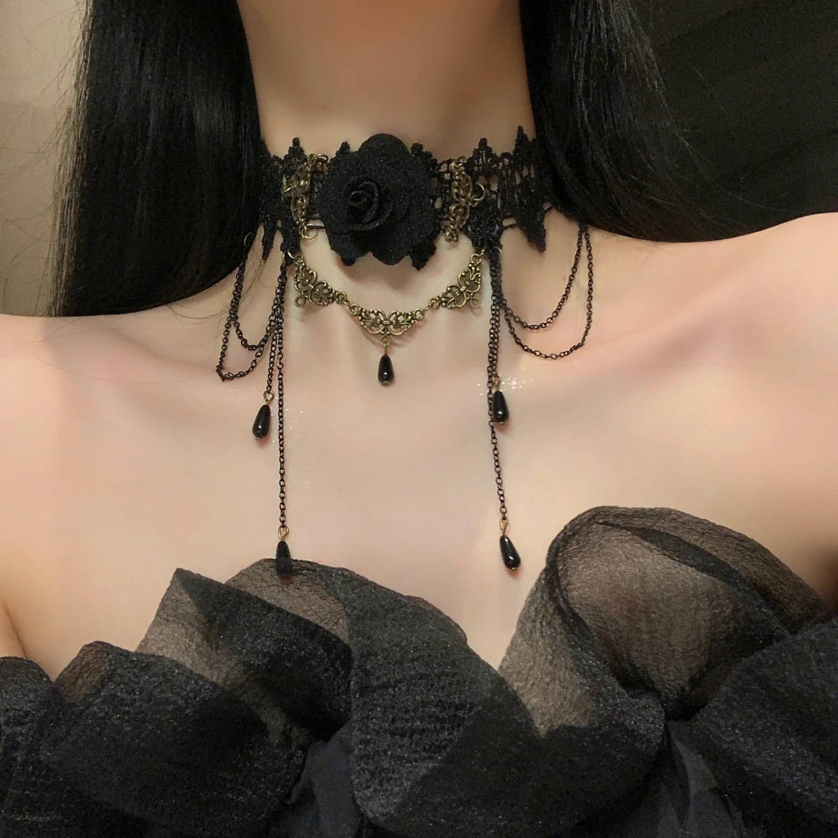 

Party Jewelry Gothic Black Beaded Flowers Sexy Lace Neck Choker Necklace Vintage Tassel Chain Women Steampunk Halloween Jewelry