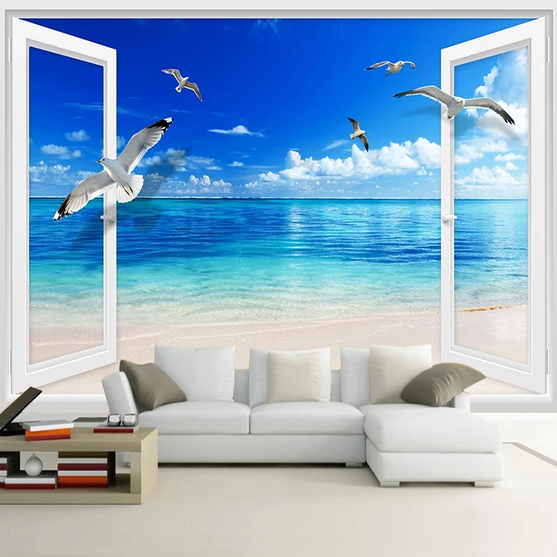 

Custom Modern 3D Stereo Window Seascape Large Mural Blue Sea Beach Living Room Bedroom Background Photo Wall Paper Home Decor