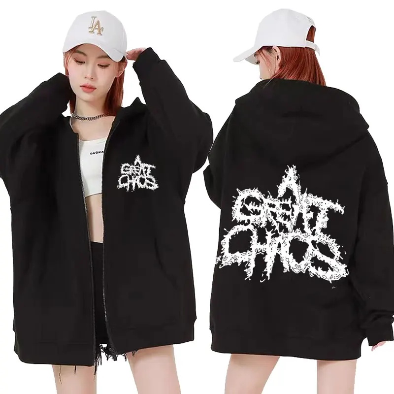 Ken Denver A Great Chaos Spellout Zip Up Felpe Uomo Donna Moda Giacca Felpa Hip Hop Rap Style Street Zipper Felpa Con Cappuccio