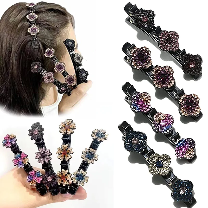 Sparkling Crystal Stone Braided Hair Clips 2 Crystal Flowers Hair