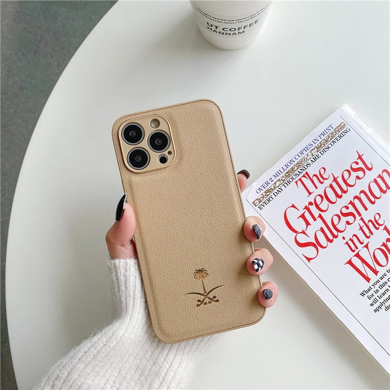 thumbnail image 1 of Funda de cuero para iPhone 16 15 14 13 12 11 Pro Max Mini 7 8 Plus X Xs Xr Max Funda de teléfono de lujo Arabia Saudita Funda de árbol de coco, 1 of 5