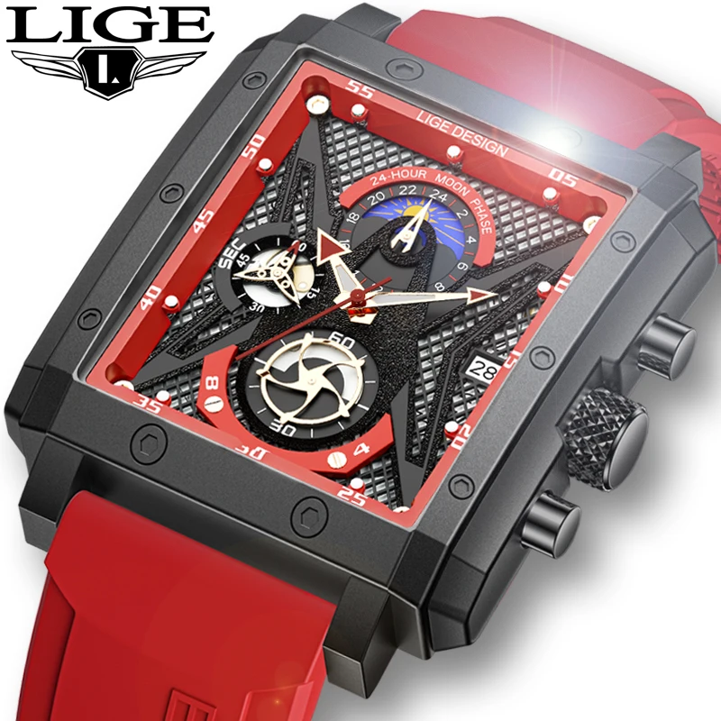 

LIGE New Fashion Mens Watches Top Brand Luxury Silicone Quartz Watch For Men Waterproof Chronograph 24 Hour Moon Phase Clock+Box