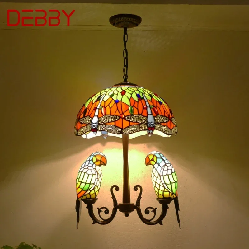 

DEBBY Tiffany Parrot Chandelier Vintage Creative Color Glass Living Room restaurant Bedroom Hotel Corridor Pendant Lamp