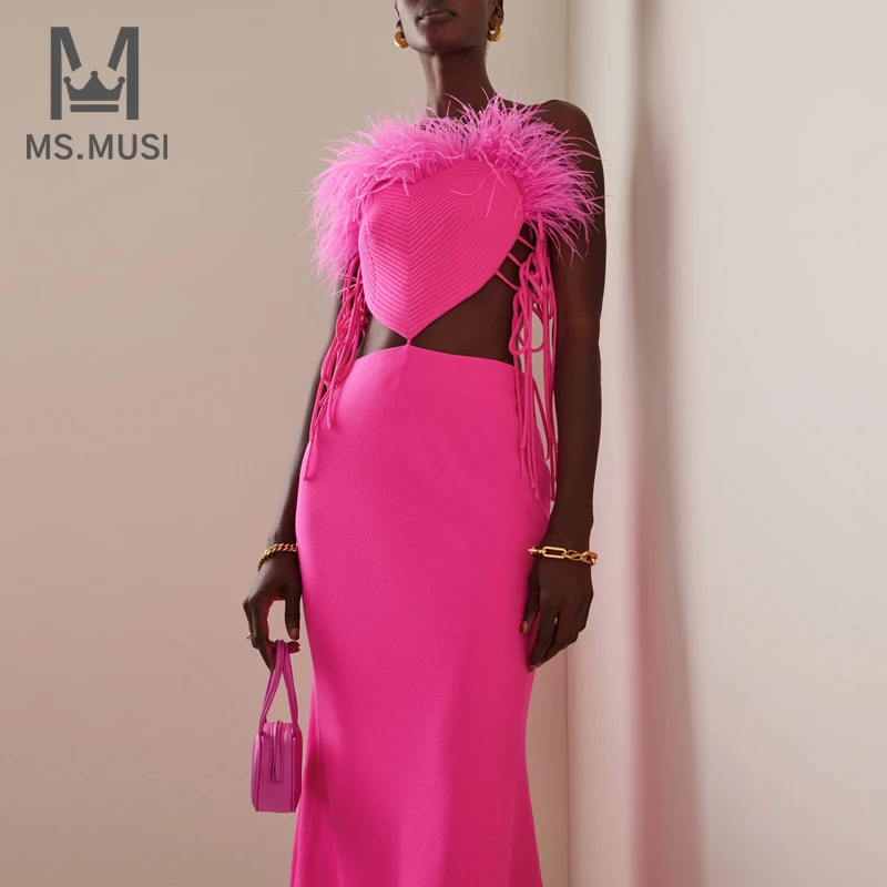 

Новинка 2023, модное женское сексуальное платье-миди на бретелях MSMUSI с перьями, на шнуровке, без рукавов, с вырезами, с открытой спиной