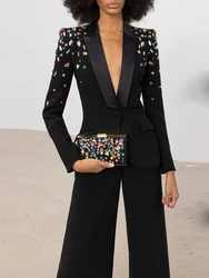 HIGH STREET Newest 2023 Designer Runway Fashion Suit Set Women's Slim Fitting Strass Diamonds Beaded Blazer Pants Set