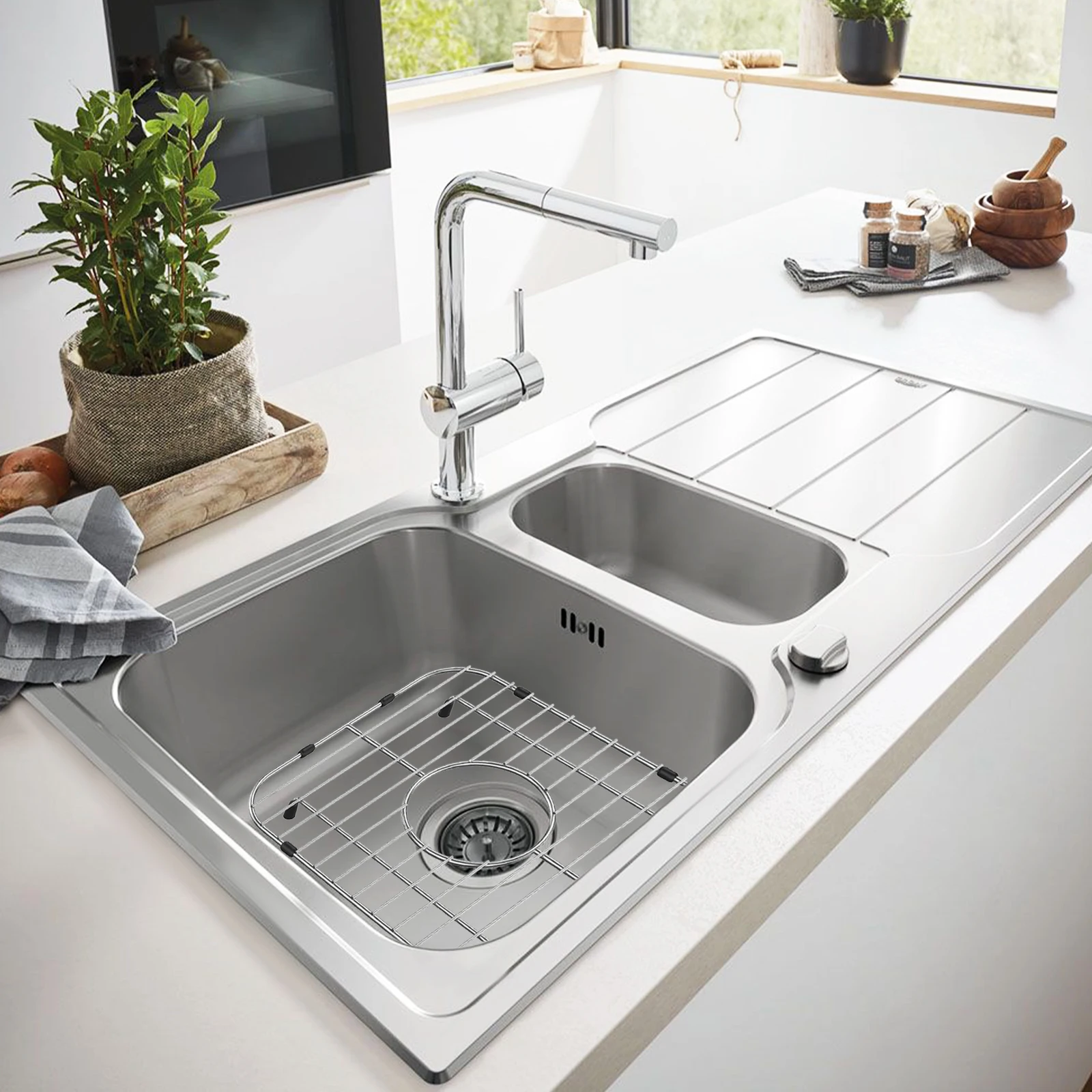 2pcs Sink Grid Sink Bottom Protectors Drain Rack Fruit Vegetable Rack Stainless Steel Dish Stand for Dishware Drainage