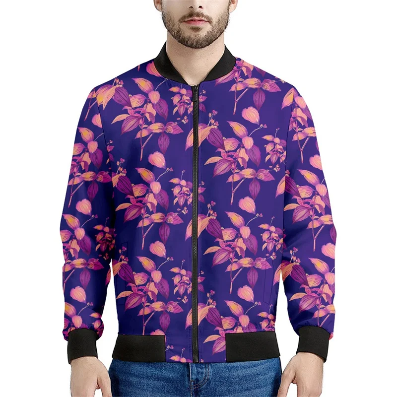 thumbnail image 1 of Chaqueta con cremallera y estampado de flores hawaianas para hombre, sudadera con estampado de plantas tropicales en 3D, sudaderas estilo bomber, abrigos de manga larga de gran tamaño, 1 of 5