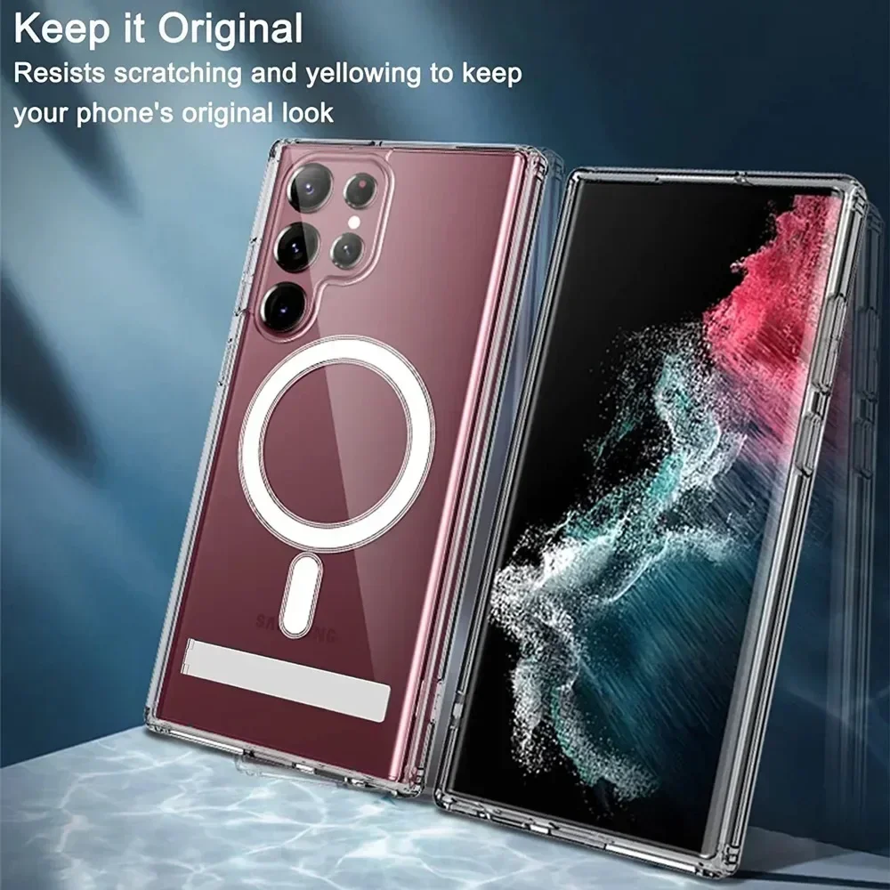 

Прозрачный чехол с подставкой для Samsung Galaxy S22 Ultra S23 Plus S21 S24, Кристальный Магнитный чехол с металлической подставкой, противоударный чехол