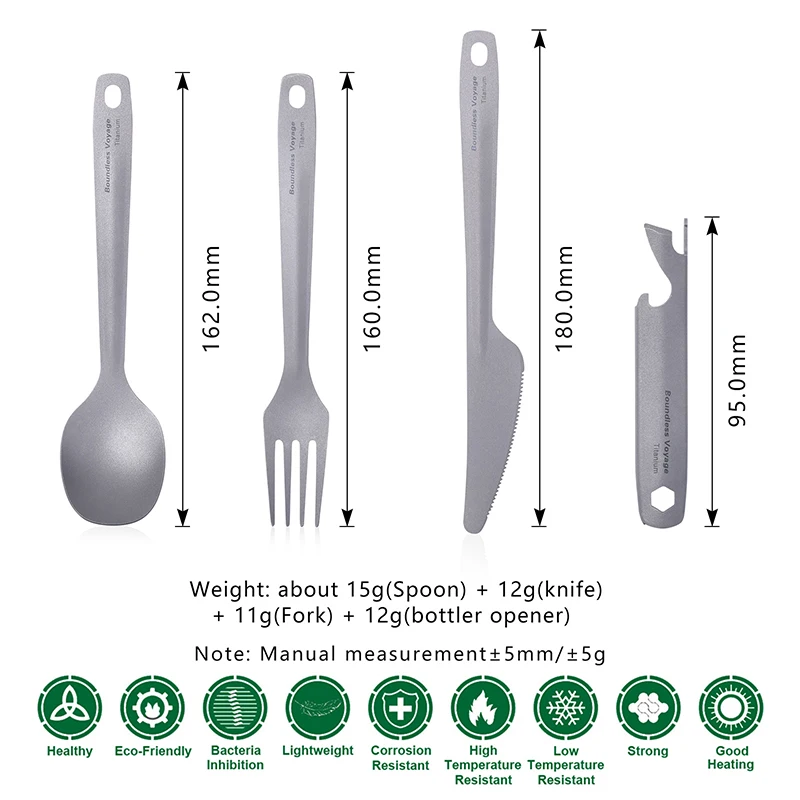Description Picture 3 of itemBoundless Voyage 4pcs/set Titanium Cutlery Set Knife Fork Spoon & Bottle Opener Lightweight Outdoor Camping Picnic Tableware Set