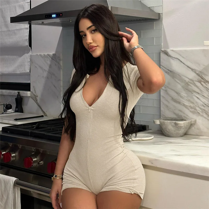 Wind2024Spring Women's New Solid Color Short-Sleeved Slim-Fit Sexy Zipper Shorts JumpsuitCok
