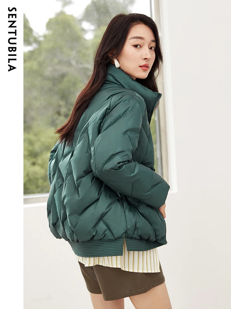 SENTUBILA Women's Stand Collar Crop Down Jacket 2023 Winter 90 White Duck Zipper Short Down Coats Warm Puffer Jackets W34Y49505