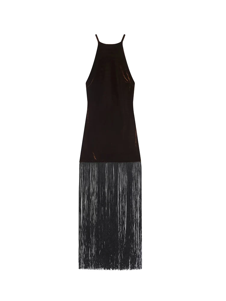 New Women Halter Fringed Dress Chic Hanging Neck Sleeveless Robes Sexy Backless Slim Fit Ladies Tassel Velvet Long Dresses