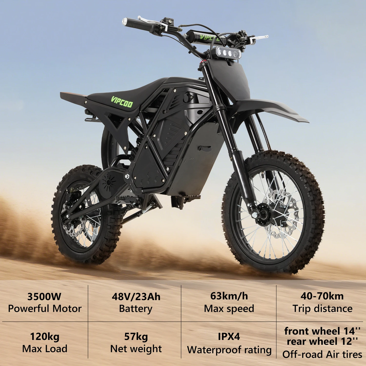 VIPCOO H3 Electric Dirt Bike 3500W 48V23AH Electric Motorcycle Fat Tire Nitrogen Suspension E Dirt Bike for Teens and Adult