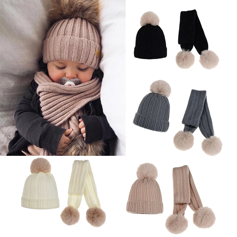 Conjunto de gorro y bufanda para bebé, pompón grueso y cálido, bufandas de punto para niño y niña, gorros de Color sólido para niño y niña| | -