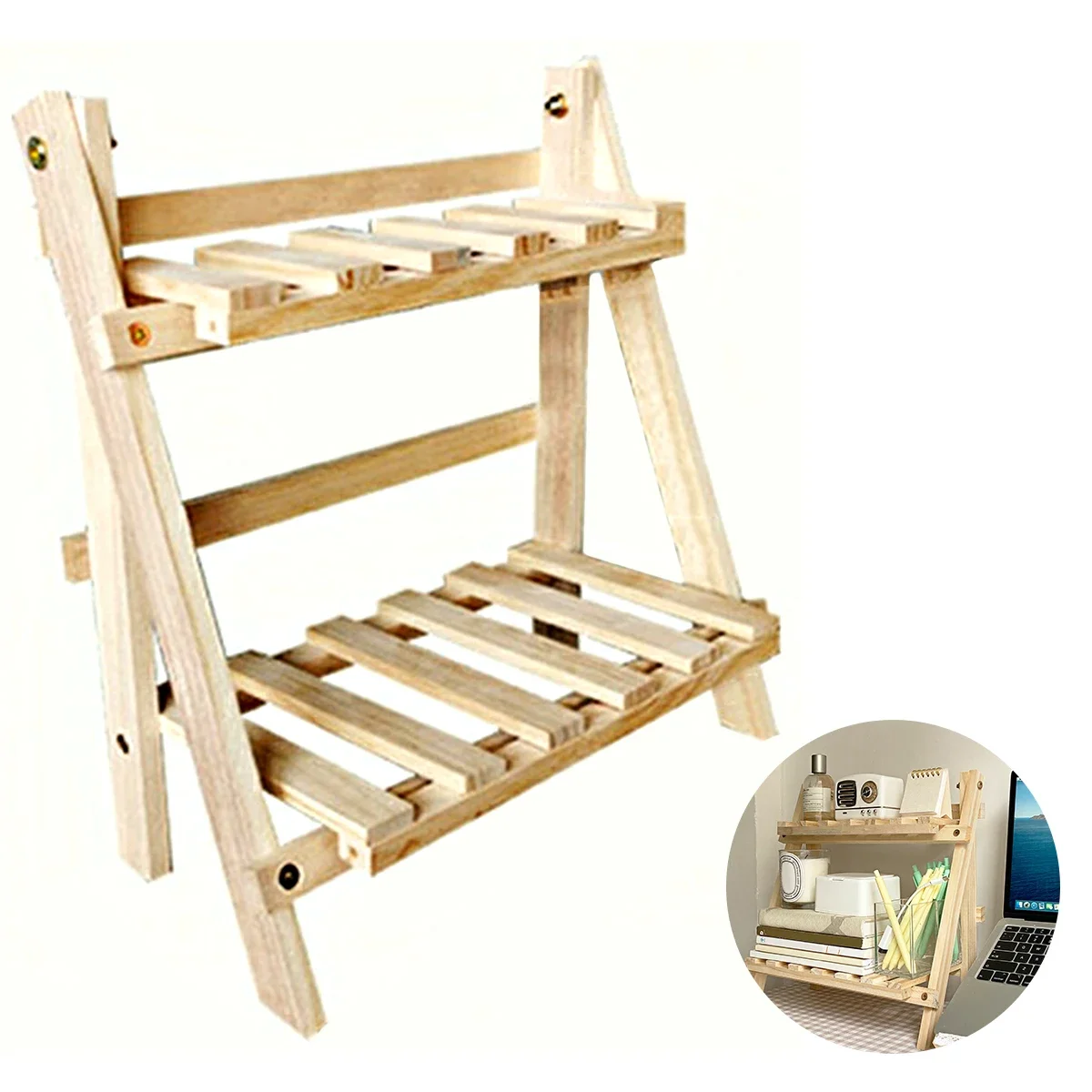 Wooden Desktop Storage Rack 2-Layer Desktop Storage Shelf Folding Desk Storage Organizer Stationary Shelf for Dormitory Bedroom