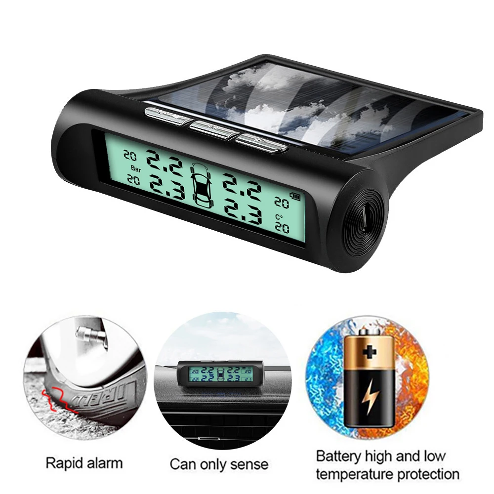 Intelligent Solar TPMS Car Tire Pressure Alarm Digital Display 4 External Sensors Waterproof Tire Pressure Temperature Warning