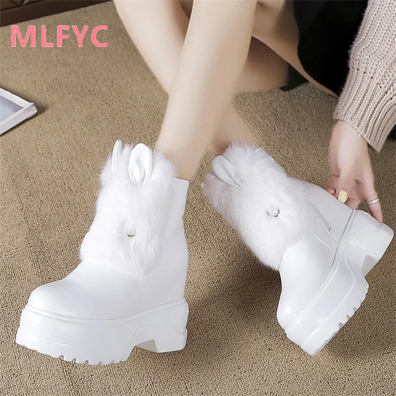 Snow boots women's white 2023 winter new style with added height and warmth plush short boots ladies fashionable casual boots