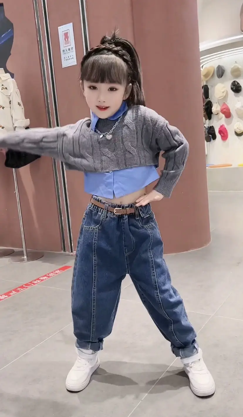 teenger girls clothes set shirt+sweater+jeans+belt 4pcs children big