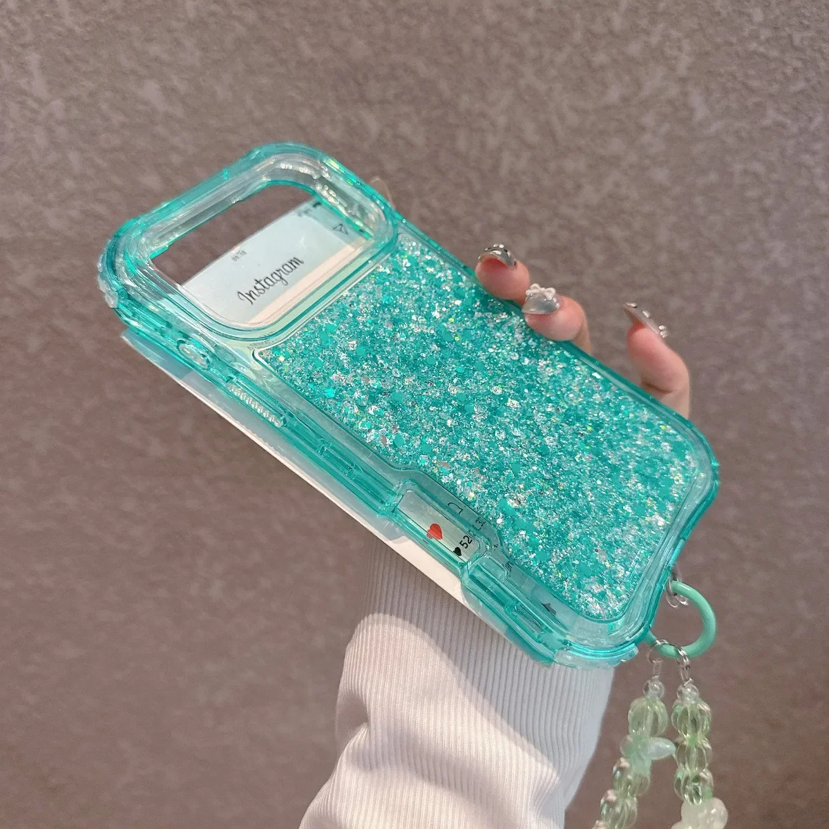 Luxury Bling Glitter Resin Chain Clear Phone Case with 3-Layer Protection and Lanyard