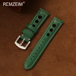 Men's Vintage Perforated Genuine Leather Watch Band - Breathable Replacement Strap - 22mm (Green)