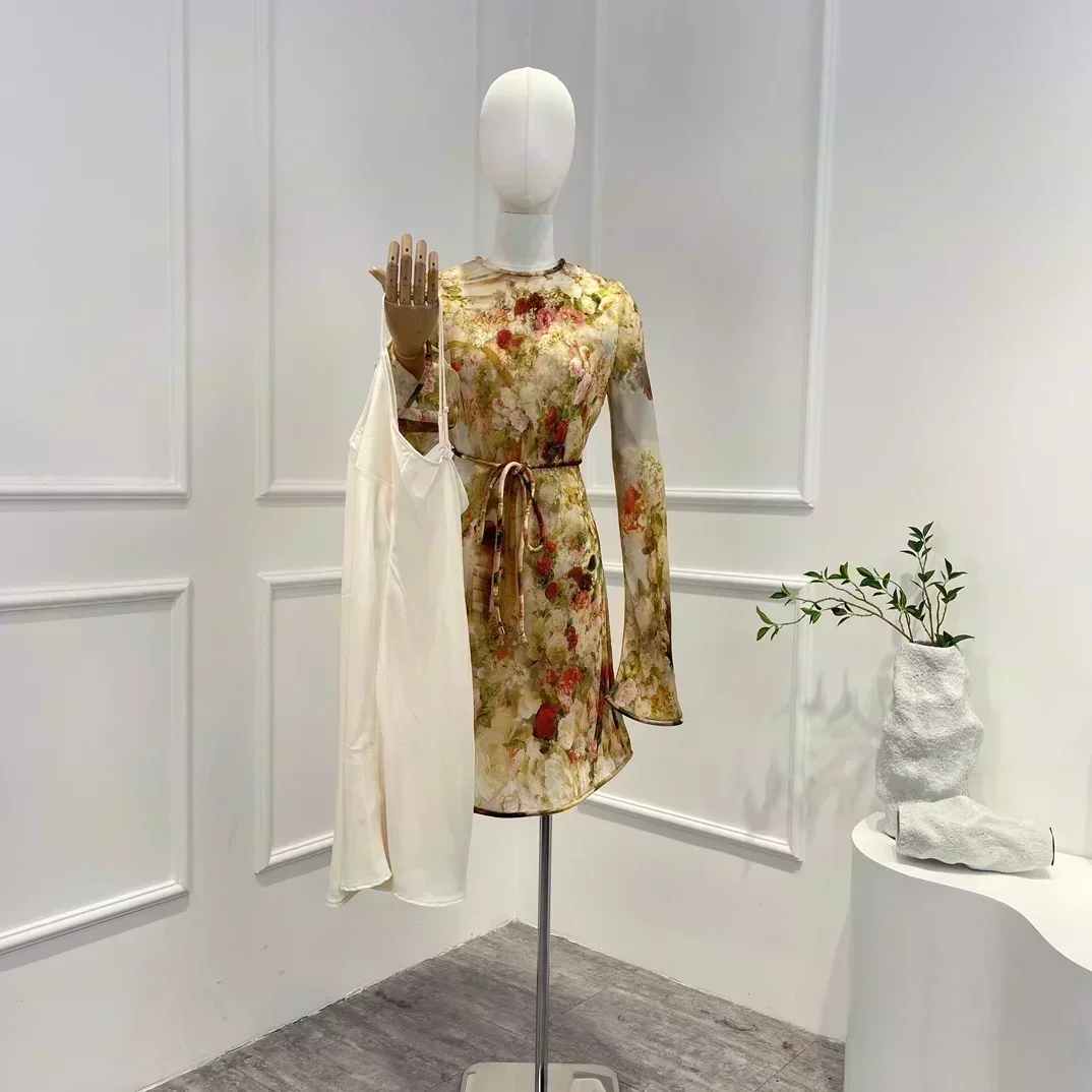 

Женское мини-платье с цветочным принтом, длинным рукавом-фонариком и круглым вырезом