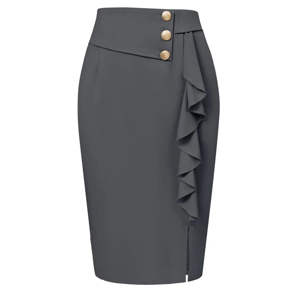 BP Women Vintage Front Slit Skirt High Waist Ruffle Decorated Mid-calf Slim Fit Pencil Bodycon Skirt Office Lady Causal Fashion