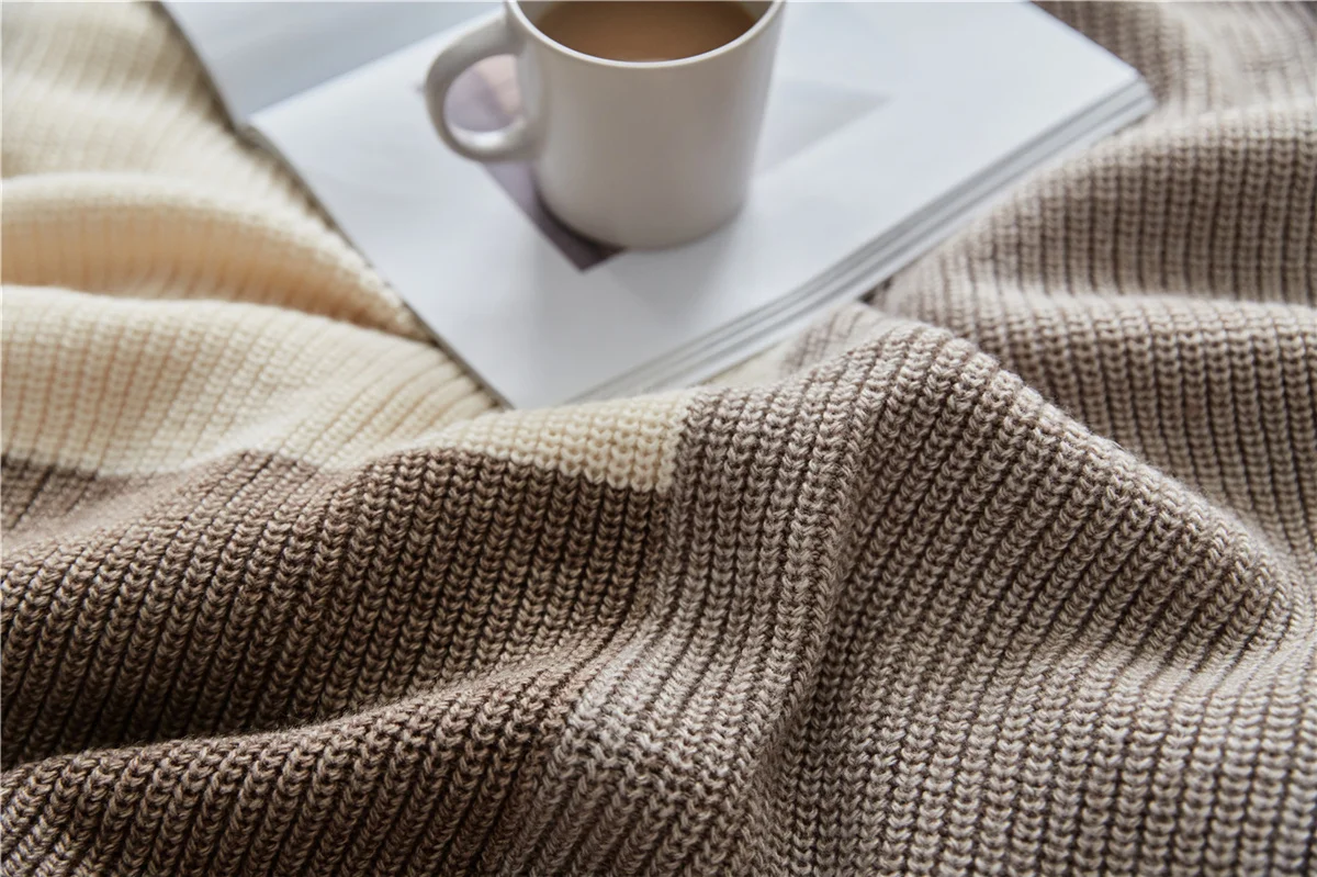 beige wool knitted blanket, yarn dyed fadeless throw blanket 