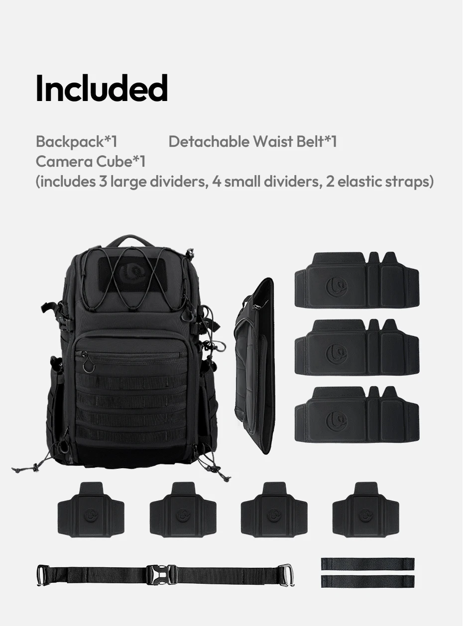 Tactical Camera Backpack 28L with Side Pockets Dividers U-Shaped Opening Foldabl