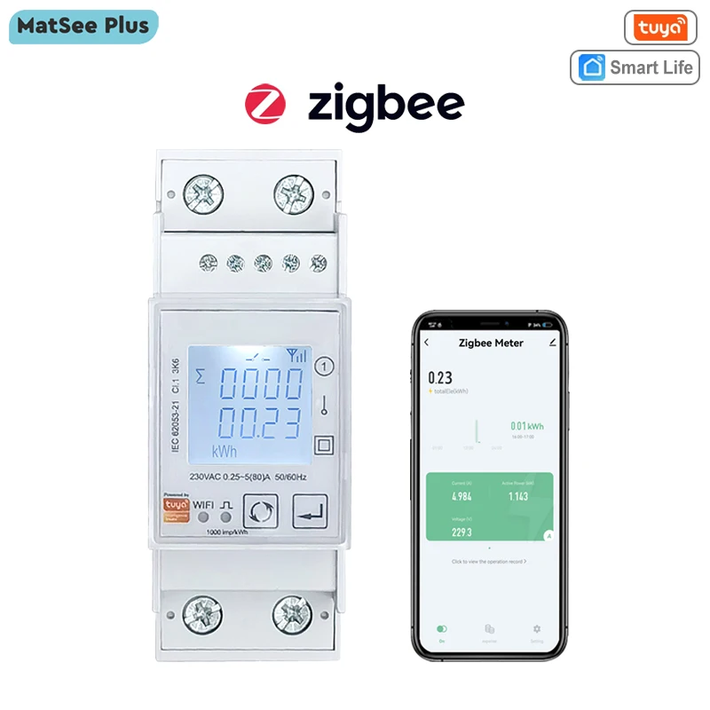 Tuya Smart ZigBee Energy Meter Single Phase 80A Din Rail Power Monitor KWh Wattmeter Voltmeter Ampermeter 110V 220V 50/60Hz smart energy meter