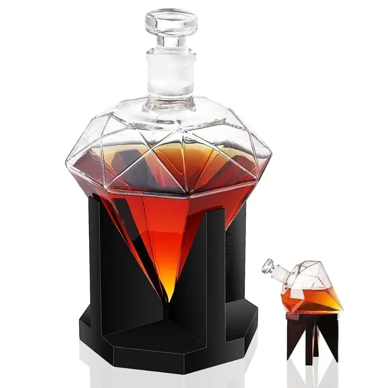 1000ml Whiskey Decanter glass diamond wine bottle with Wooden Holder Airtight Stopper Suitable for all kinds of alcohol Gift