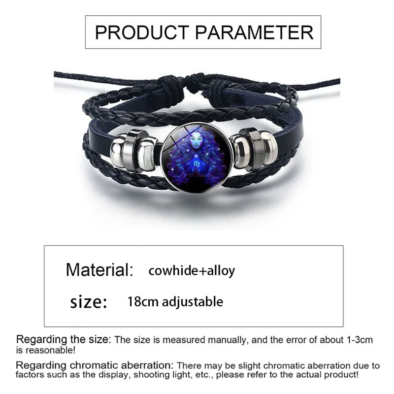 12 Constellation Luminous Leather Bracelet For Men Black Braided Rope Punk Jewelry Wristband Male Bracelet Bangle Gift