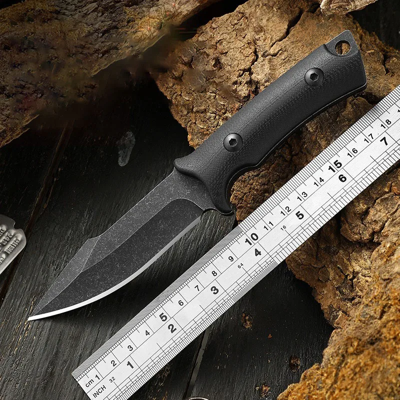 

4CR13 нож с промытым камнем и фиксированным лезвием, рукоятка G10, нож для выживания на природе, кемпинга, тактический военный охотничий инструмент с ножницей