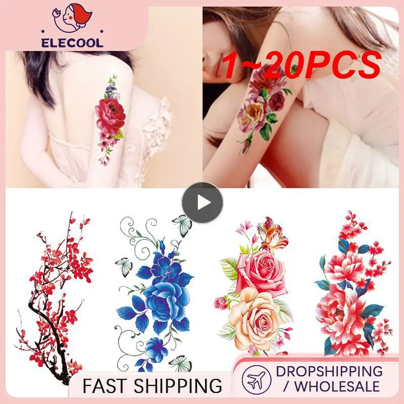

Временные татуировки-наклейки с цветами розы в стиле аниме, водостойкие, имитация рук, плеч, татуировки для женщин, макияж, большая вспышка, татуировки, 1 ~ 20 шт.
