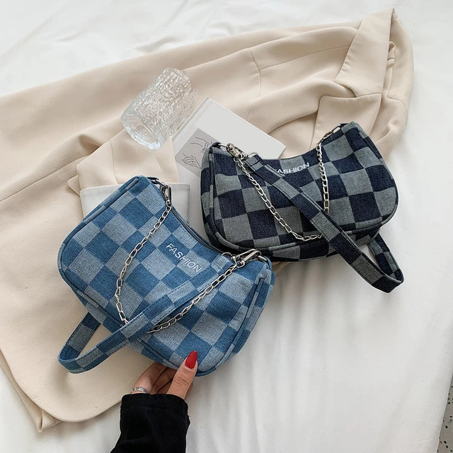 2023 New Fashion Small Square Bag Retro French Women Denim Plaid Pattern  Totes Shoulder Bags Trend Female Underarm Chain Handbag